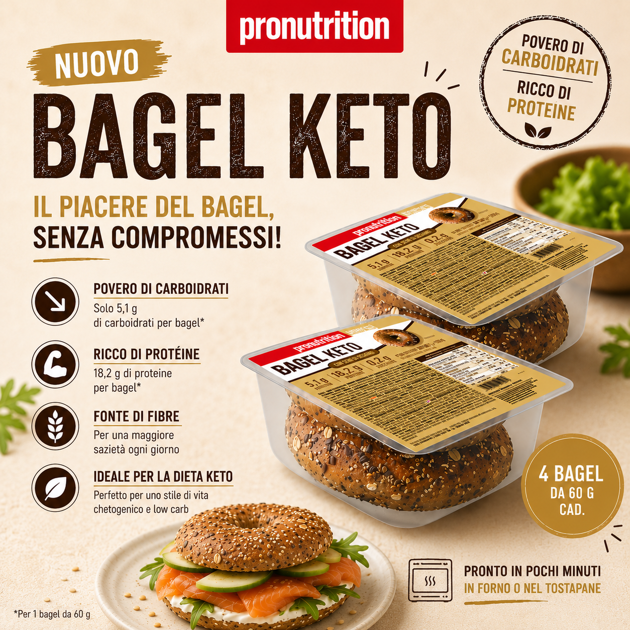 Bagel al sesamo 4 x 60 gr - Pronutrition