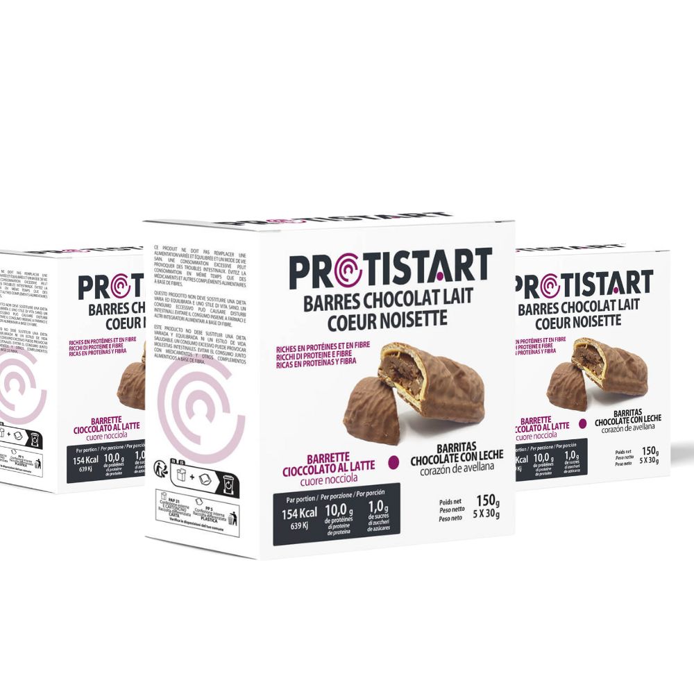 Confezione da 3 scatole da 5 barrette proteiche Cioccolato al Latte e Crema di Nocciole – Protistart