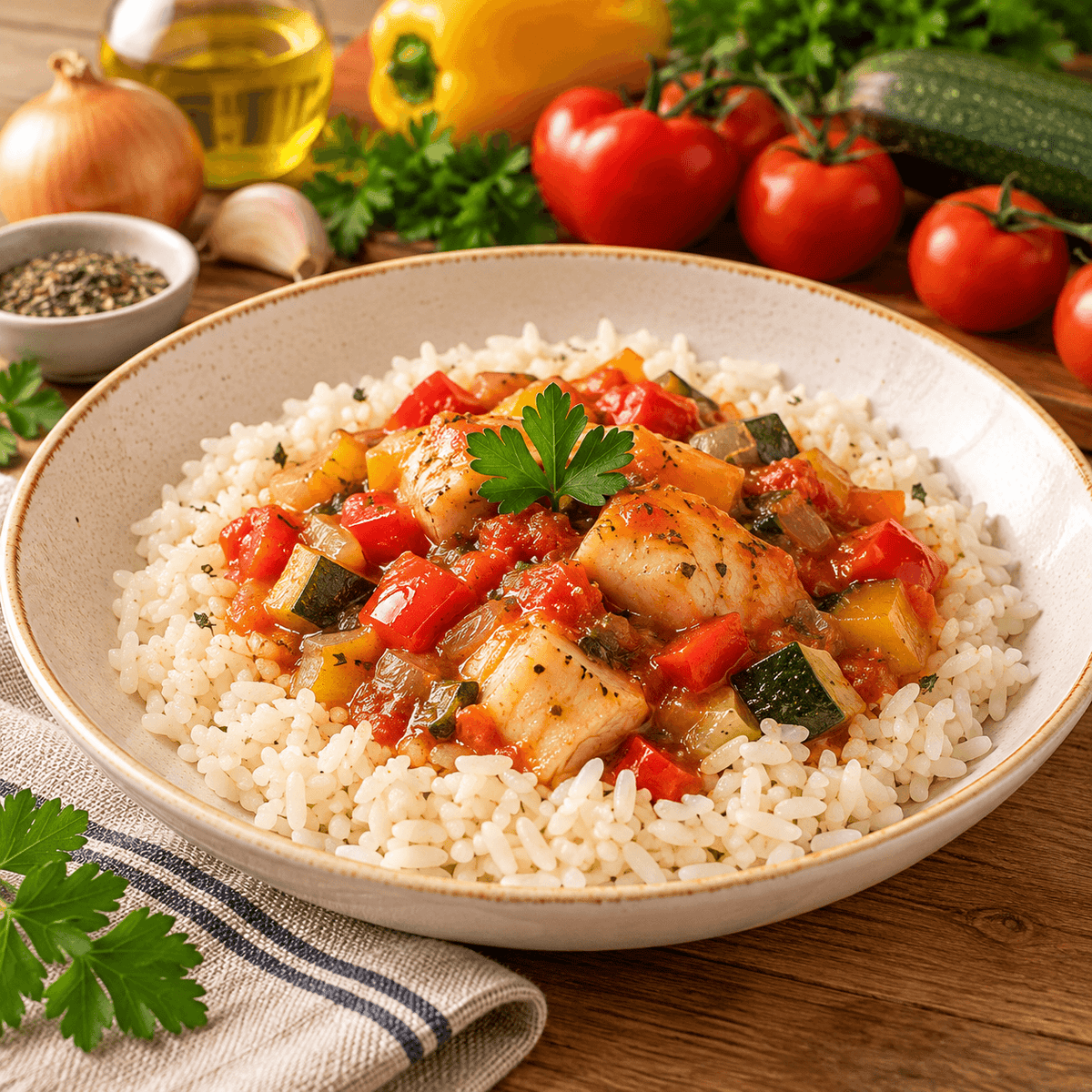 Plat cuisiné Colin à la Méditerranéenne et son riz MD 280g