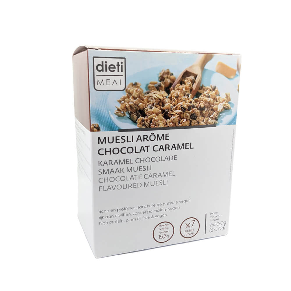 Müesli al cioccolato e caramello ad alto contenuto proteico 7 buste Dietisnack