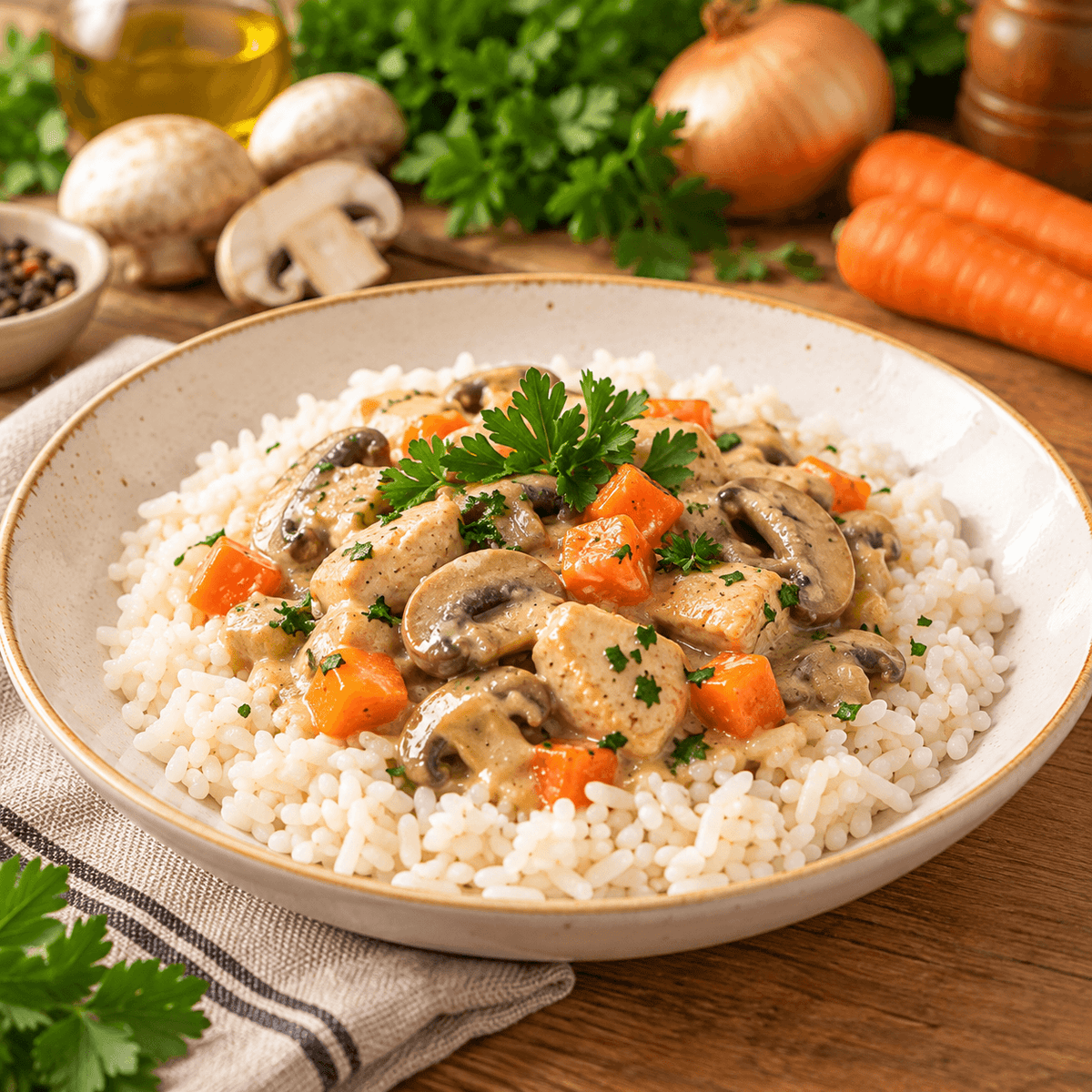 Plat cuisiné Poulet aux champignons et son riz MD 280g